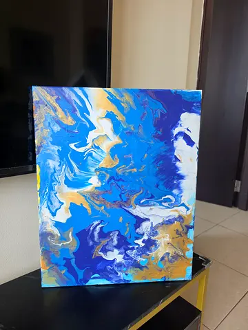 Original Abstract Fluid Acrylic Painting - Blue & Gold Canvas