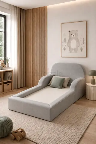 Toddler floor bed with padded headboard and side rails