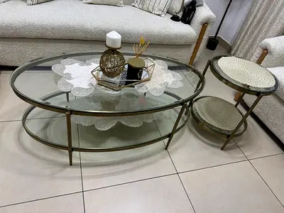 Glass Top Oval Coffee Table with Matching Side Tables - Metal Frame