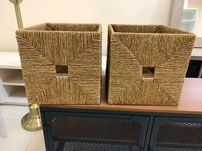 Pair of woven seagrass storage baskets - square, sturdy
