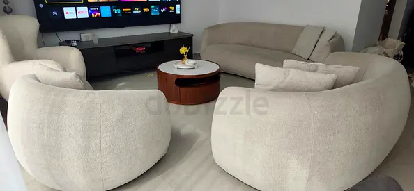 Cream curved sofa set - 3-seater + 2 armchairs, modern lounge set