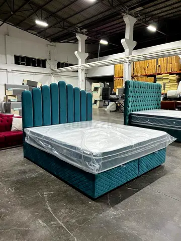 Brand new teal upholstered bed with mattress - queen/king (unused)