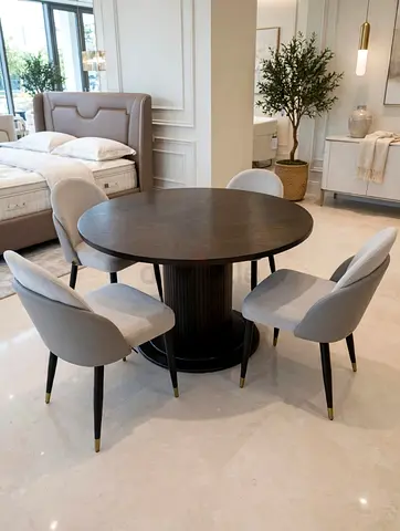 Solid Wood Round Dining Table with 4 Upholstered Chairs - Dark Finish