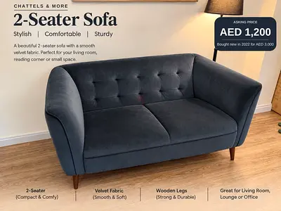 2-Seater Velvet Sofa with Wooden Legs - Dark Greyish Blue From Chattels & More