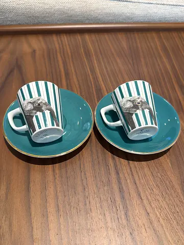 Set of 2 Espresso Cups and Saucers - Teal with Rabbit Design