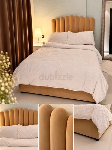 Velvet bed frame with scalloped headboard in beige with mattress