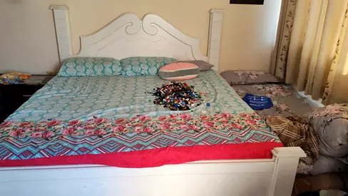 Moving out sale; everything must go! White wooden double bed with mattress - good condition
