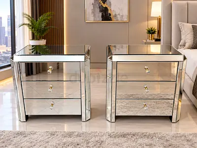 Marina Home Set of 2 Mirrored Glass Bedside Nightstands with 3 Drawers