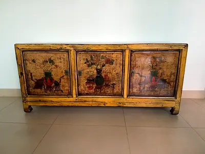 Chinese Consul -Solid Wood 3-Door Sideboard / TV Console - Distressed Yellow Finish - 65Hx144Wx40D