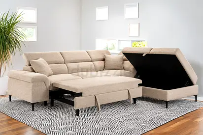 Beige L-shaped Storage Sofa Bed with Chaise - Modern, Convertible