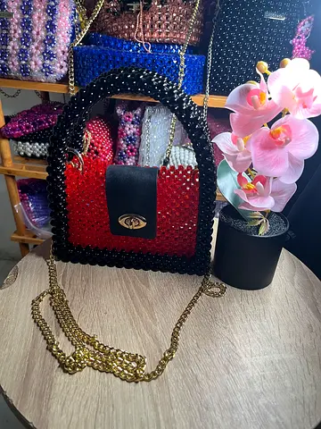 Luxurious red and black handmade beaded bag