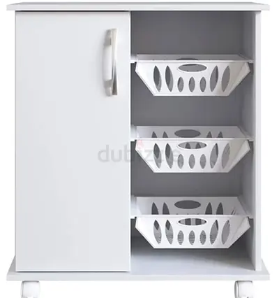 White Storage Cabinet with 3 Pull-Out Baskets on Wheels