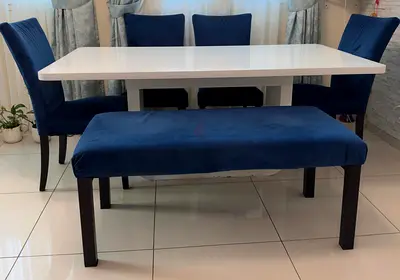 White Dining Table with Blue Velvet Chairs and Bench - 6 Seater