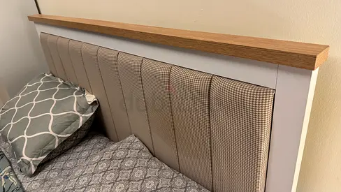 Upholstered Bed Headboard with Wooden Top - Neutral Fabric