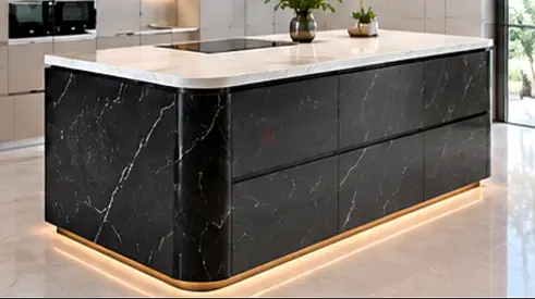 Modern black marble kitchen island with built-in drawers and LED base lighting