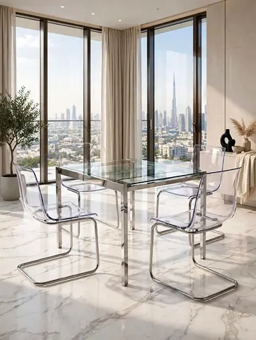 Glass Top Dining Table with 4 Modern Transparent Chairs - Good Condition