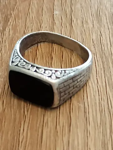 925 Silver men's signet ring with black stone, vintage-style