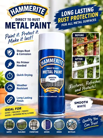 Hammerite Smooth White Metal Paint Spray Can - Long Lasting Rust Protection