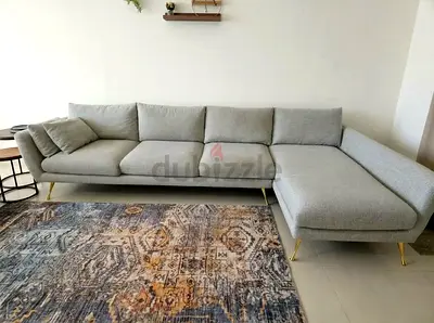 Title: Light Grey L-Shaped Corner Sofa with Gold Legs – Comfortable 4-Seater
