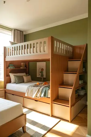Wooden Bunk Bed with Staircase and Storage