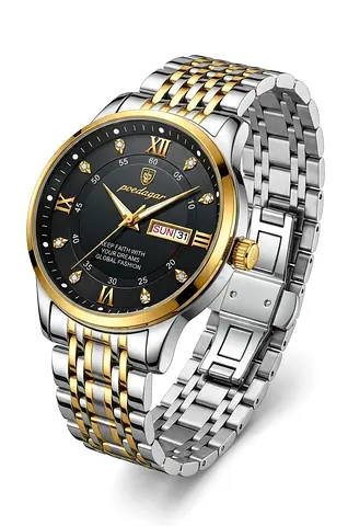 POEDAGAR Men's Luxury Gold & Silver Watch – Black Dial