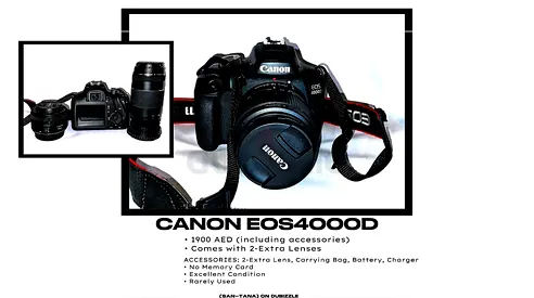 Canon EOS 4000D DSLR with 2 Extra Lenses, Bag, Battery & Charger