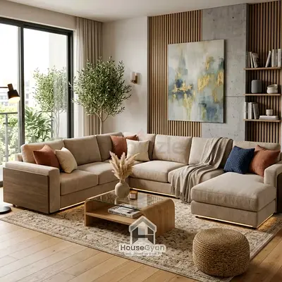 Beige L-shaped Corner Sofa with Chaise - Modern Upholstered 5-Seater