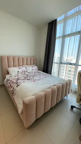 Upholstered queen bed with padded headboard - light beige and mattress