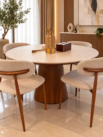 Round Wooden Dining Table with 4 Upholstered Chairs - Modern Set