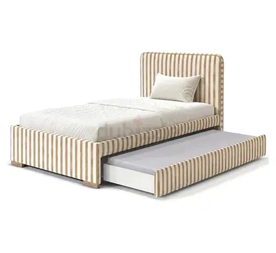 Striped Fabric Single Bed with Trundle Drawer - Beige/White
