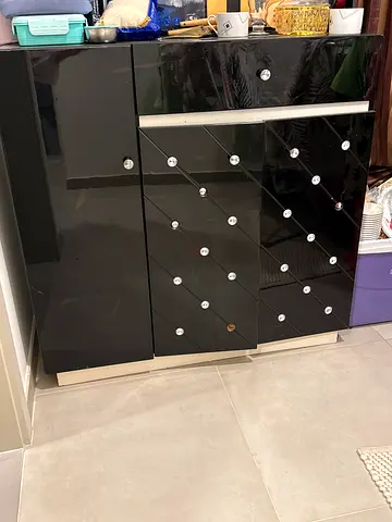 Glossy Black Storage Cabinet with Drawers and Doors - Good Condition