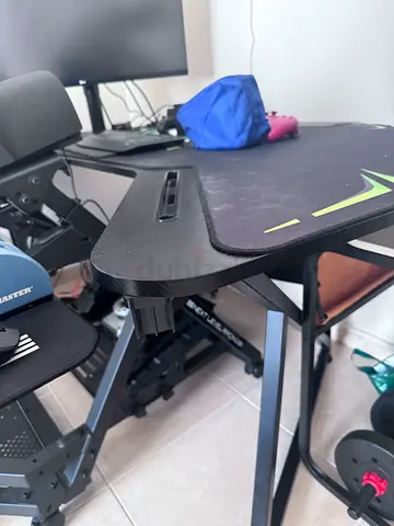 Gaming desk with racing-style chair and accessories - good condition