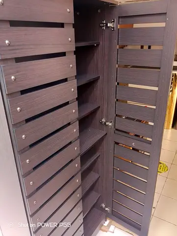 Slim Dark Wood Shoe Cabinet / Wardrobe with Slatted Doors