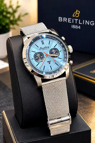 Breitling chronograph wristwatch with blue dial and steel mesh bracelet Master Quality watch