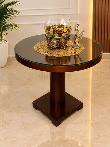 Round Wooden Side Table with Glass Top - Dark Finish