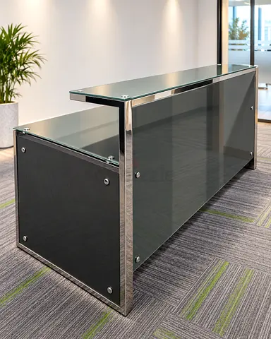 Modern Glass Top Reception Desk with Dark Wood Finish