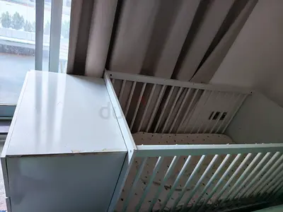 White baby crib with attached changing table and storage with mattress - good used condition
