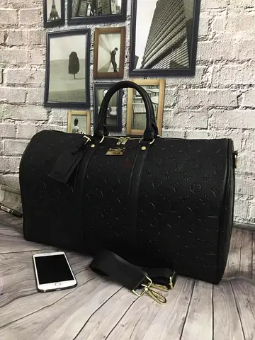 Black Embossed Leather Duffel Bag with Removable Strap