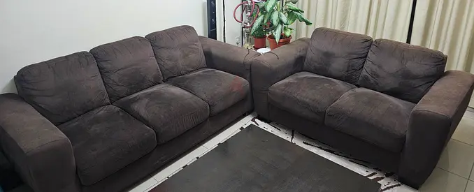 Home Centre Brown 3-seater and 2-seater fabric sofa set — comfortable, used