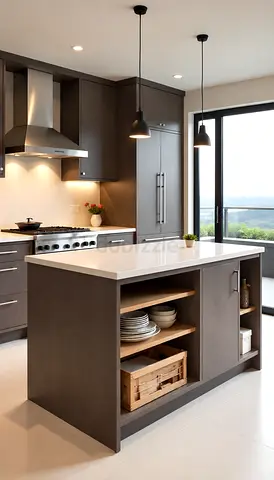 Modern kitchen island with open shelving and white countertop