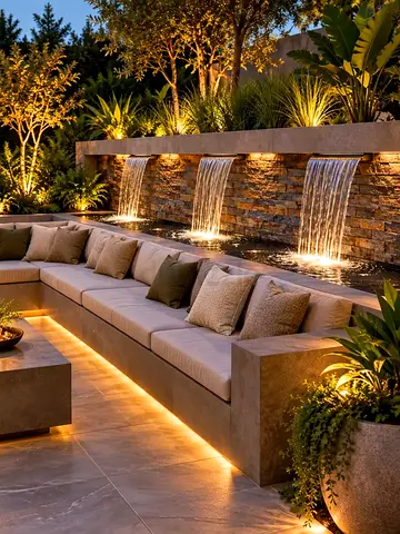 outdoor concrete L Shaped seating with cushions plants lights water fountain view tiles work