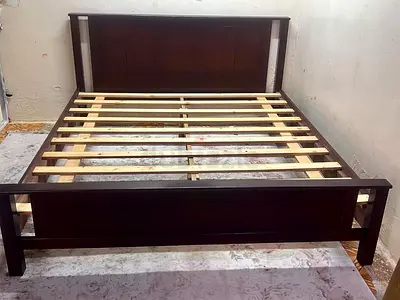 Dark Wood Double Bed Frame with Headboard and Slats