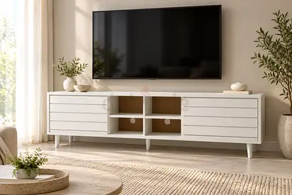 Modern White TV Stand – Stylish Wooden TV Cabinet with Storage Shelves