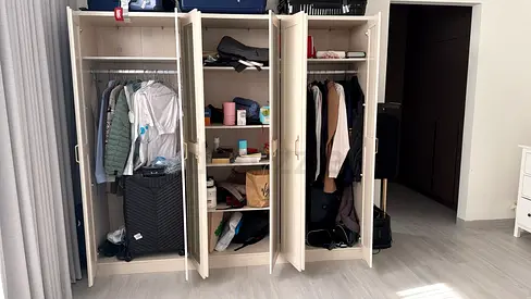 Home Centre 4-door wardrobe - light wood finish, good condition full new