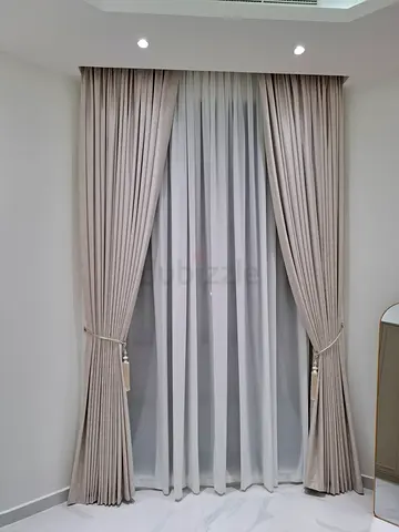 Beige Floor-to-Ceiling Curtains with Sheer Lining - Like New