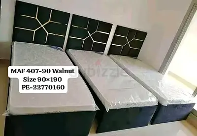 Set of 3 Single Beds with Headboards and Mattresses - Walnut Base