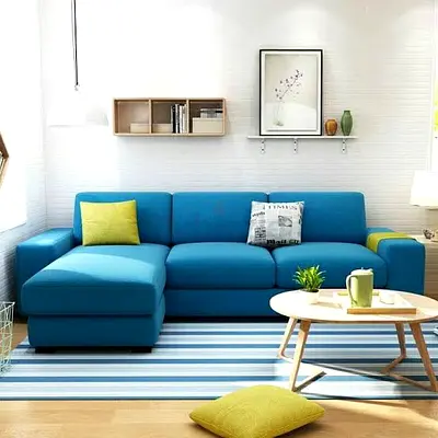 Blue L-shaped Fabric Sofa with Chaise Lounge -
