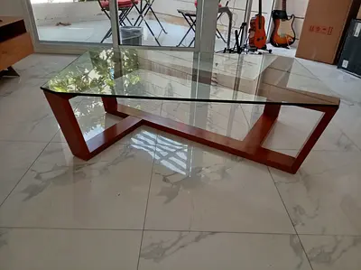 Glass Top Wooden Frame Coffee Table - Modern Design