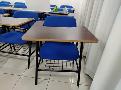 Lecture chair with writing tablet. blue, wood top (single shown)