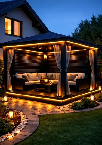 Modern Outdoor Black Color Gazebo with Integrated Lighting Sofa set curtains